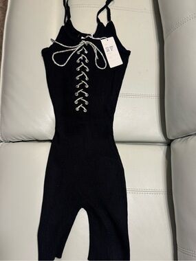 Daisy Black Ribbed Lace-Up Tank with Sparkling Silver Tie